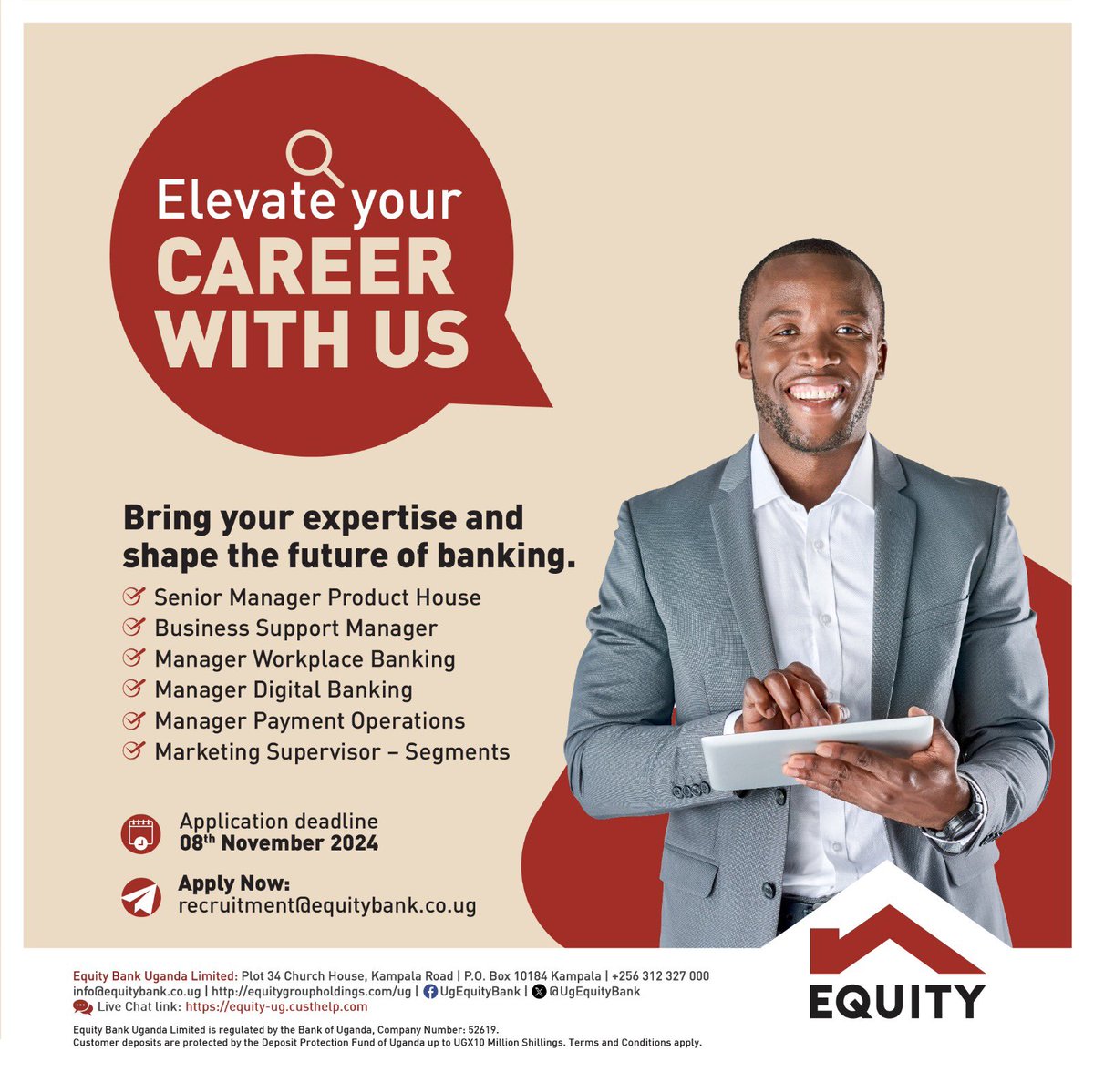 Equity Bank Uganda (@ugequitybank) on Twitter photo We are hiring!
Think you’ve got what it takes? Send in your application to recruitment@equitybank.co.ug by Friday 8th November to give it a shot.
#EquityBankUganda We are hiring!
Think you’ve got what it takes? Send in your application to recruitment@equitybank.co.ug by Friday 8th November to give it a shot.
#EquityBankUganda