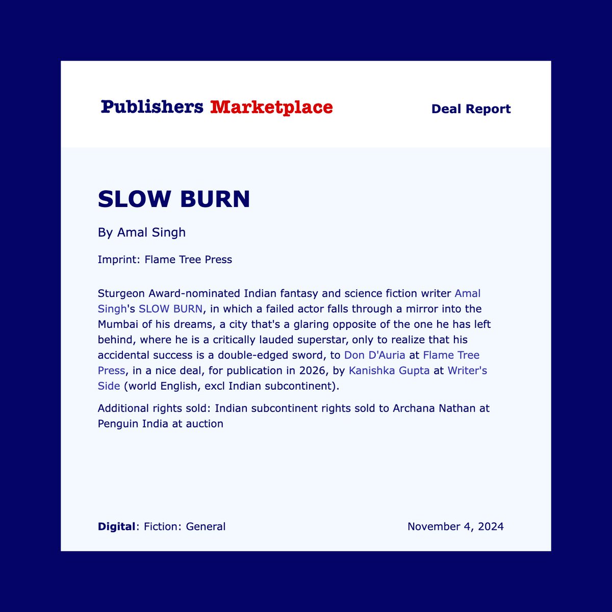 Amal Singh (@jerun_onto) on Twitter photo Sometimes, short books take longer to write. This is one of them. This almost didn't get written.
Then it did.
Thrilled to share that my second novel, "Slow Burn", a contemporary fantasy set in Mumbai, will be published by <a href="/flametreepress/">Flame Tree Press Team</a> and <a href="/PenguinIndia/">Penguin India</a> !
<a href="/kan_writersside/">Kanishka Gupta</a> Sometimes, short books take longer to write. This is one of them. This almost didn't get written.
Then it did.
Thrilled to share that my second novel, "Slow Burn", a contemporary fantasy set in Mumbai, will be published by <a href="/flametreepress/">Flame Tree Press Team</a> and <a href="/PenguinIndia/">Penguin India</a> !
<a href="/kan_writersside/">Kanishka Gupta</a>