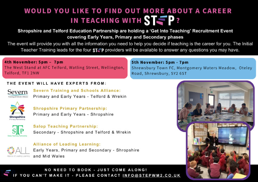 📣 We had a great turnout at our first ITT information event at AFC Telford! 

If you missed it, you have another chance! 

Join us tonight at Shrewsbury Town FC from 5 - 7pm

#getintoteaching <a href="/SalopSc/">Salop Teaching Partnership</a> <a href="/_SPPartnership/">Shropshire Primary Partnership</a> <a href="/SevernTSA/">Severn Training & Schools Alliance</a> <a href="/ALLearning1/">ALL</a>  📚✨ 
See you there😀
