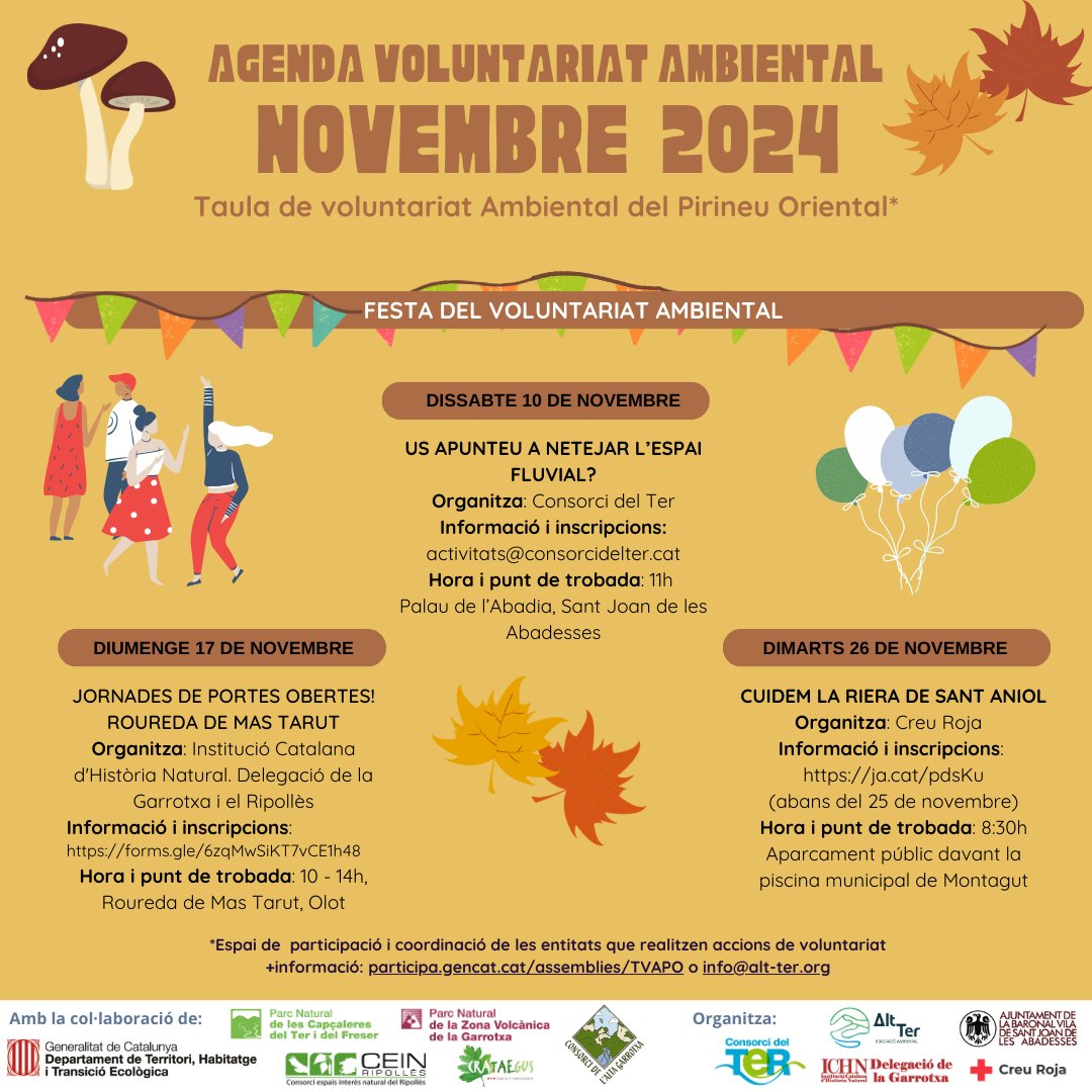 👋Vols fer un pas endavant per la conservació de la natura?

📅T'ho posem fàcil amb les agendes d'activitats de les Taules de Voluntariat!

🌳Al Pirineu Oriental pots participar en una neteja de l'espai fluvial, en una acció a la riera de Sant Aniol o la Roureda de Mas Tarut: