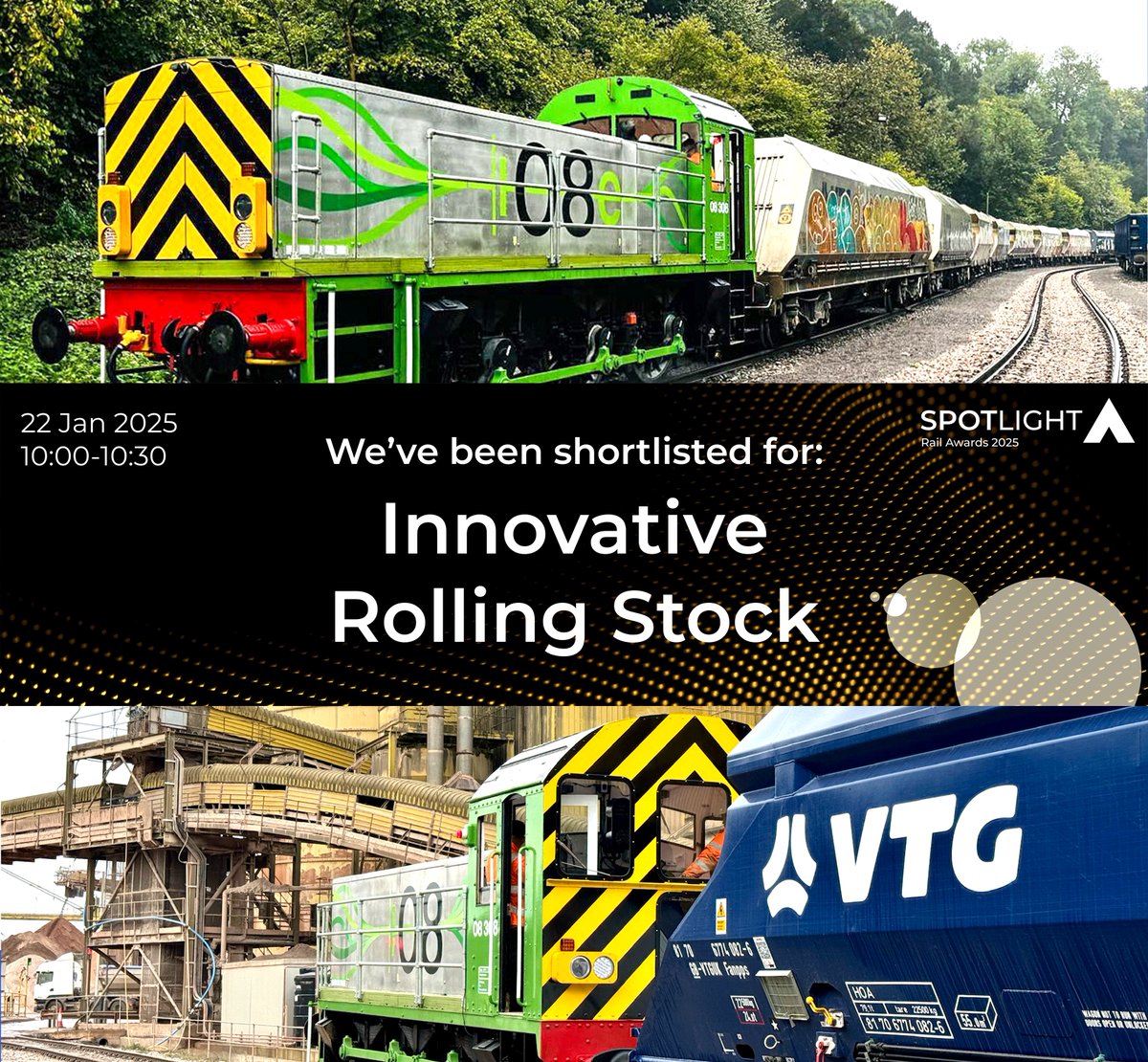 postractionuk's tweet photo. We have been shortlisted for the #SpotlightRail Awards in the 'Innovative Rolling Stock' category. 🎉

Looking forward to attending the awards ceremony in March!

#innovation  #rollingstock https://t.co/7EWscJgTYq