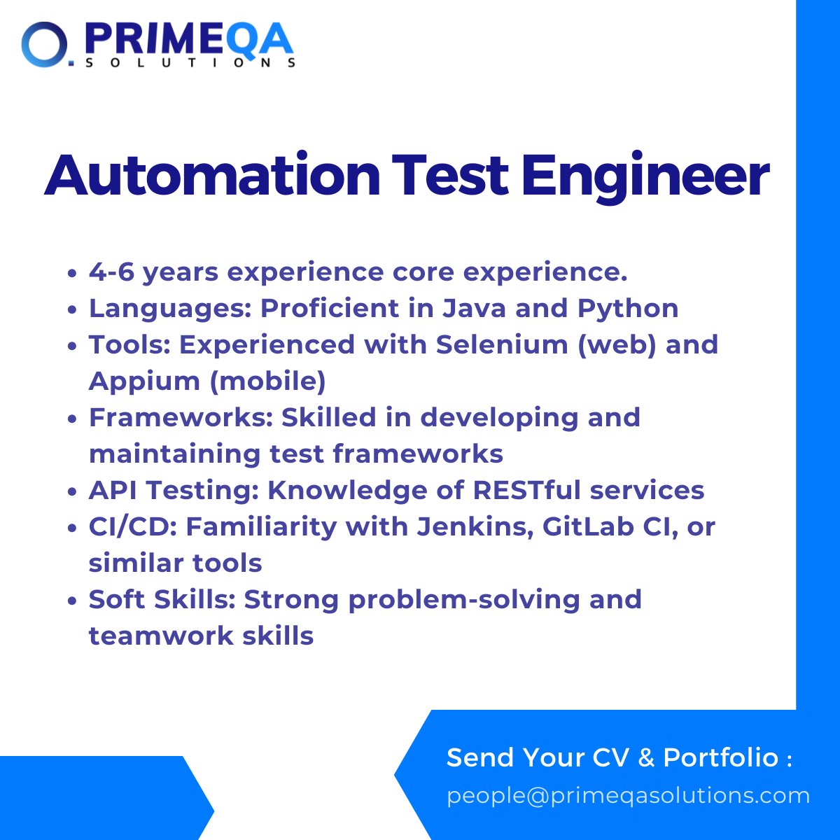 PrimeQASolution's tweet photo. #Urgenthiring !! Kaam karne wale bande chahiye. 

Requirements:
Location: Ahmedabad, WFO.
Work Ethic: Ability to independently handle projects, 
Skills: Strong troubleshooting and analytical skills

 #hiring  #selenium #testing #primeqa #primeai  #automationtestingjobs https://t.co/k7koYHr83a