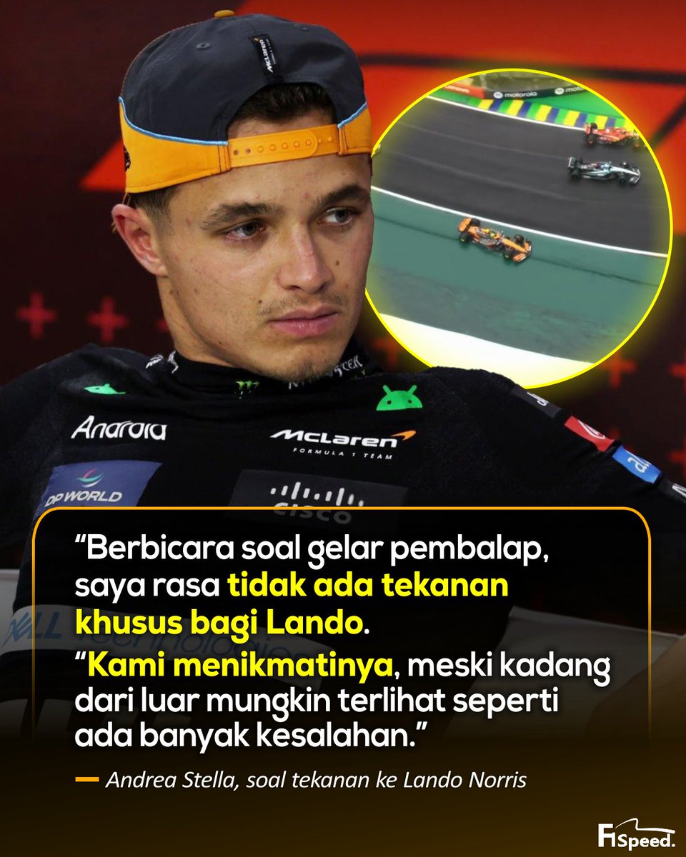 f1speed_indo's tweet photo. 🚨 Tim prinsipal McLaren, Andrea Stella, mengaku jika Lando Norris juara dunia tidak pernah menjadi target utama tim karena prioritas mereka tetaplah mengunci gelar konstruktor.

Meski menolak menyerah dengan peluang yang sudah nyaris mustahil, Stella menegaskan jika tidak ada tekanan khusus bagi Lando perihal duelnya dengan Max Verstappen.

Menurutnya kesalahan Norris selepas restart di GP Brasil kemarin lebih disebabkan ke faktor teknis daripada murni kesalahan pembalap.