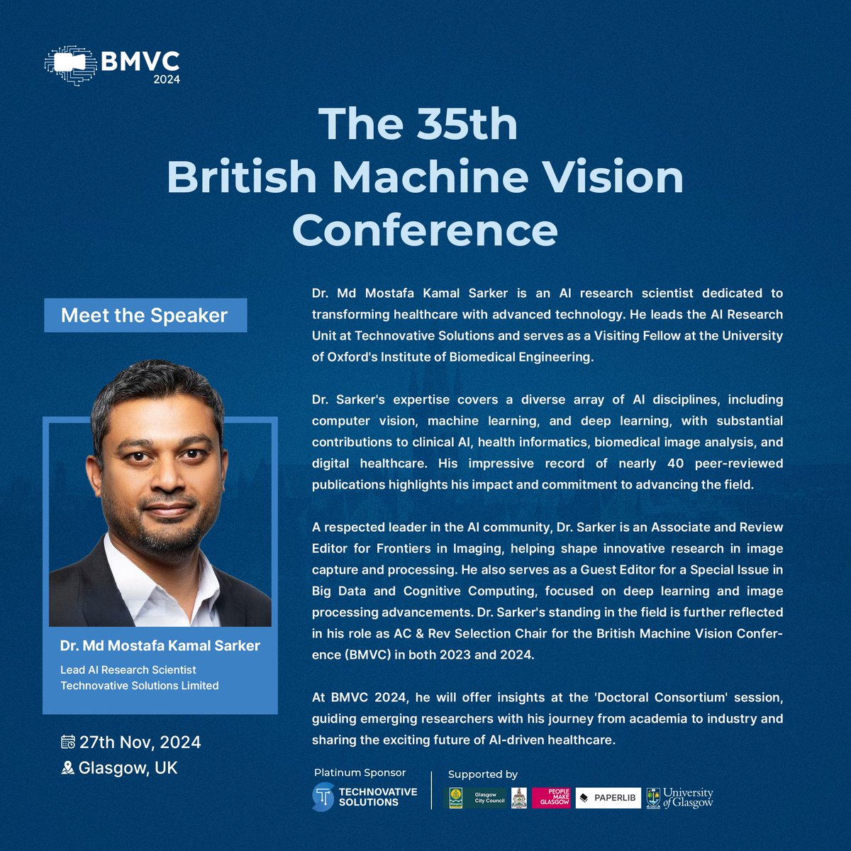 Technovative Solutions LTD (TVS) (@technovativesol) on Twitter photo Meet Dr. Md Mostafa Kamal Sarker, pushing the boundaries of AI in healthcare! He leads AI research at <a href="/technovativesol/">Technovative Solutions LTD (TVS)</a> and is a Visiting Fellow at <a href="/UniofOxford/">University of Oxford</a>. Catch his insights at #BMVC2024 in Glasgow! #AI #computervision #healthcare #Innovation Meet Dr. Md Mostafa Kamal Sarker, pushing the boundaries of AI in healthcare! He leads AI research at <a href="/technovativesol/">Technovative Solutions LTD (TVS)</a> and is a Visiting Fellow at <a href="/UniofOxford/">University of Oxford</a>. Catch his insights at #BMVC2024 in Glasgow! #AI #computervision #healthcare #Innovation
