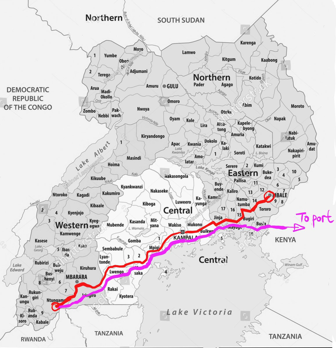 SpireJim's tweet photo. RED: How all coffee would move from Mbale, Wakiso, Mpigi, Masaka, Mbarara to NTUNGAMO for processing

PURPLE: … and then to Mombasa for export https://t.co/1GQDidCMS5