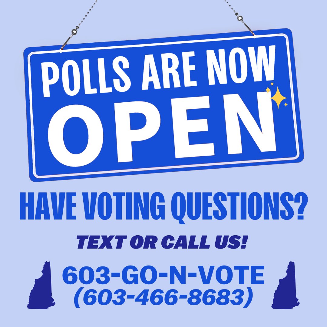 KamalaForNH's tweet image. Granite Staters: The first polls are now OPEN!

For questions about voting:
💻Visit iwillvote.com/nh
📱Call our Voter Protection Hotline at 603-GO-N-VOTE (603-466-8683)

When we vote, we win! #NHPolitics #ElectionDay