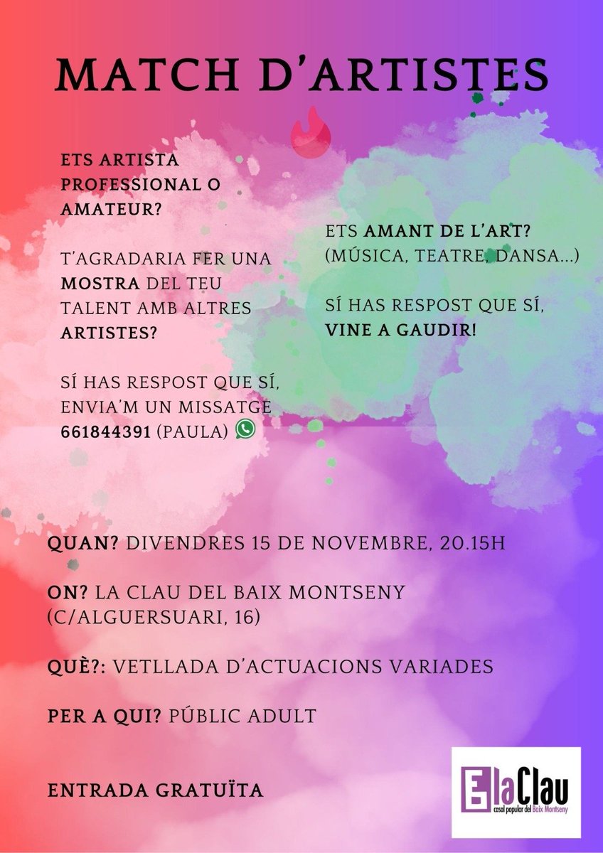 Match d'artistes 💘🎨🎭

🖋️🤹‍♀️Ets artista? Vols compartir el teu talent? T'agrada l'art, la literatura, el teatre...? Si la resposta és sí, vine al Match d'artistes organitzat per la Paula Mañas!

Aquest acte, artístic i literàri, és oberta a tothom, amateur o professional 👇