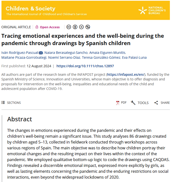 (1/6) 🧵¿Cuánto puede contar el dibujo de un niño o una niña sobre las vivencias de la pandemia? Te lo contamos en otro de nuestros resultados de investigación, publicado en la prestigiosa revista Children and Society . Acceso: onlinelibrary.wiley.com/doi/10.1111/ch… en <a href="/CandS_Journal/">Children & Society</a>