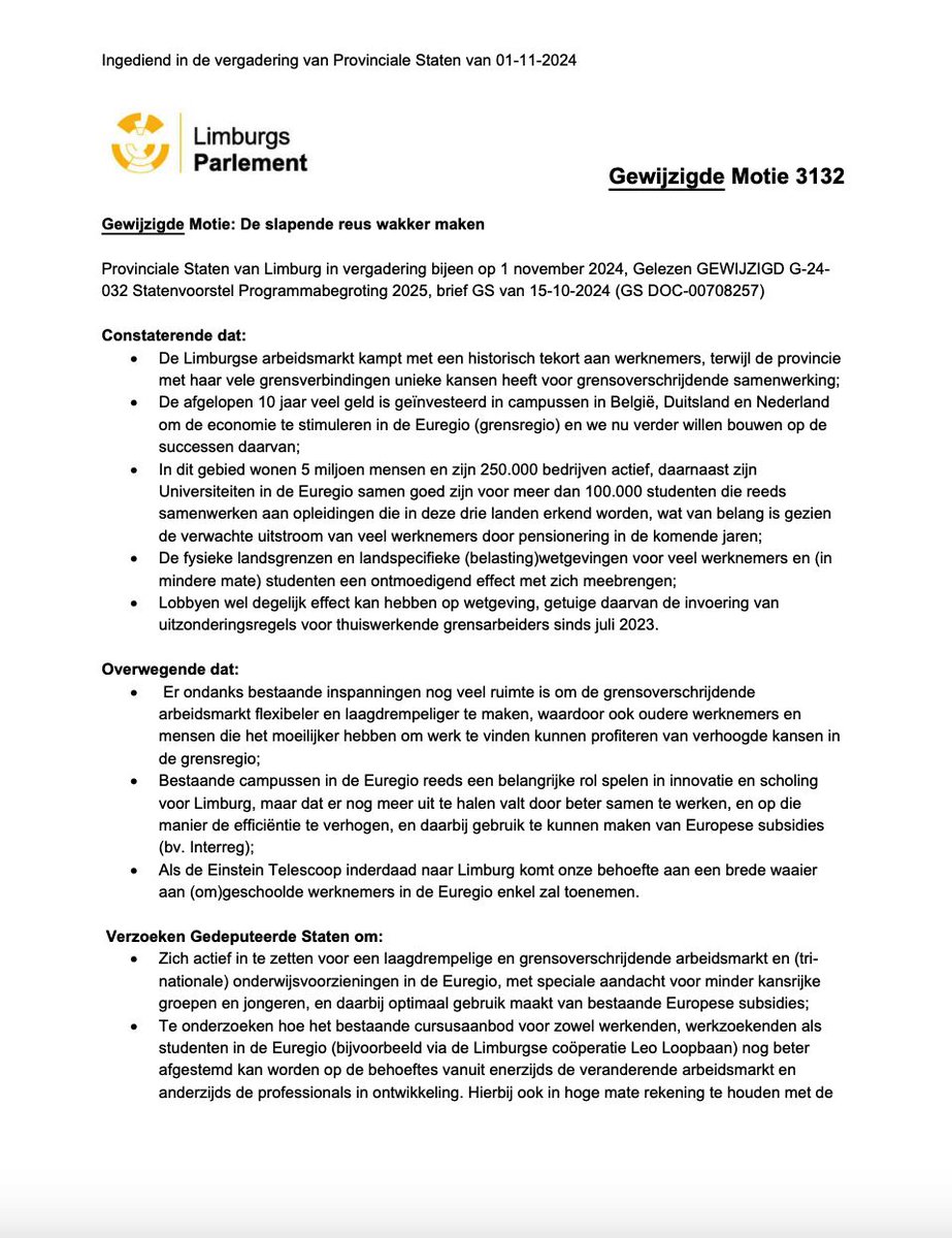 Duncan_Zeedzen's tweet photo. DE SLAPENDE REUS WAKKER MAKEN

Trots dat mijn motie afgelopen vrijdag is aangenomen 
Hoe kunnen we onze Limburgse economie,  en met name het MKB, verder voorbereiden op een toekomst met nieuwe kansen, zoals de komst van de Einstein Telescoop.

#Limburg #MKB #Euregio #Einstein https://t.co/M9519bd0l3