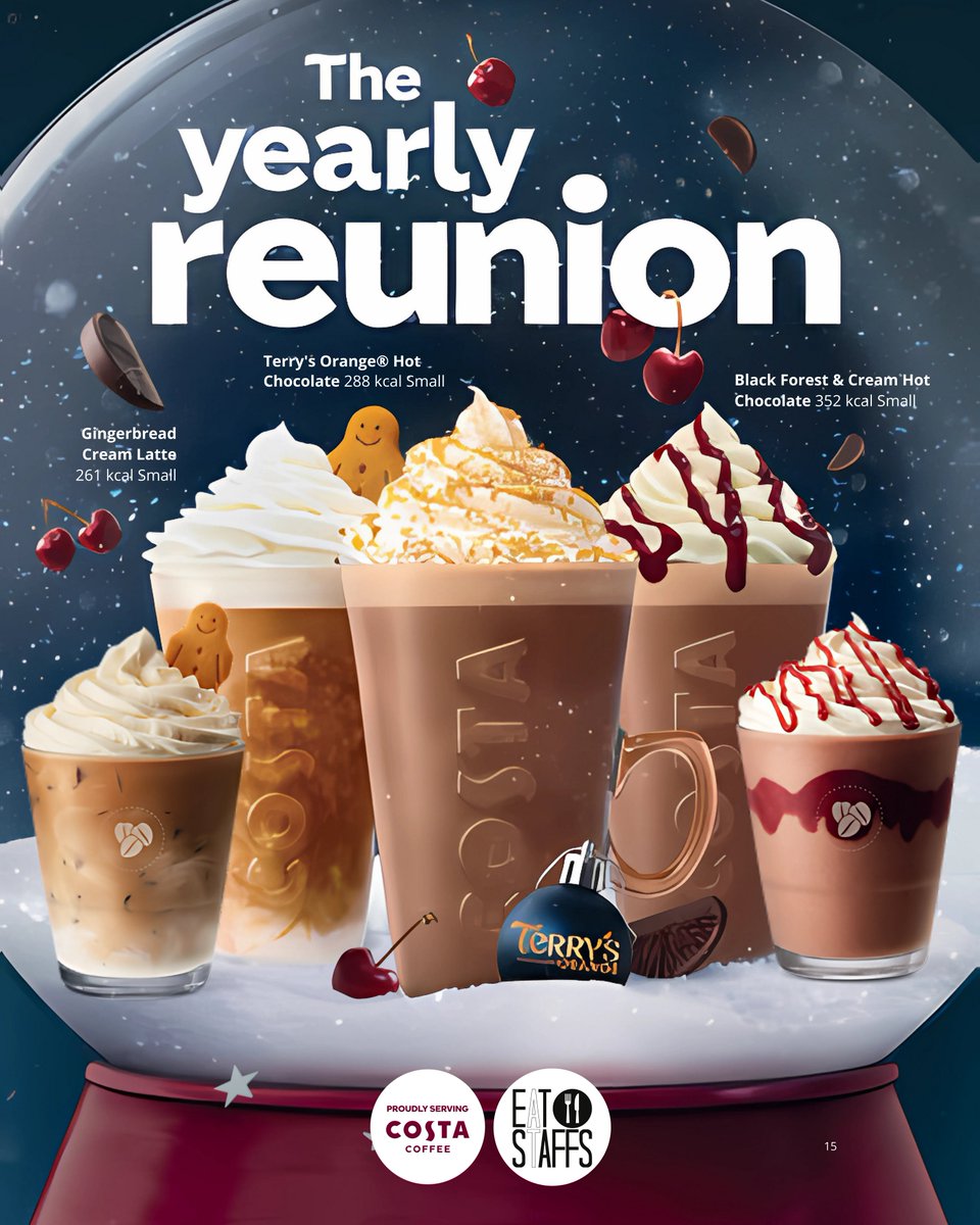 🎄 Festive Favs – From 11th Nov! 🎄
✨ Blackforest Hot Choc
✨ Toffee Nut Latte
✨ Gingerbread Cappuccino
📍 Available - Catalyst, Cafe Cadman,Dudley's, Lichfield, Reload
🎅 Costa at Coffee Lab: Gingerbread Latte &amp; Frappe, Blackforest Hot Choc &amp; Frappe, Terry's Orange Hot Choc