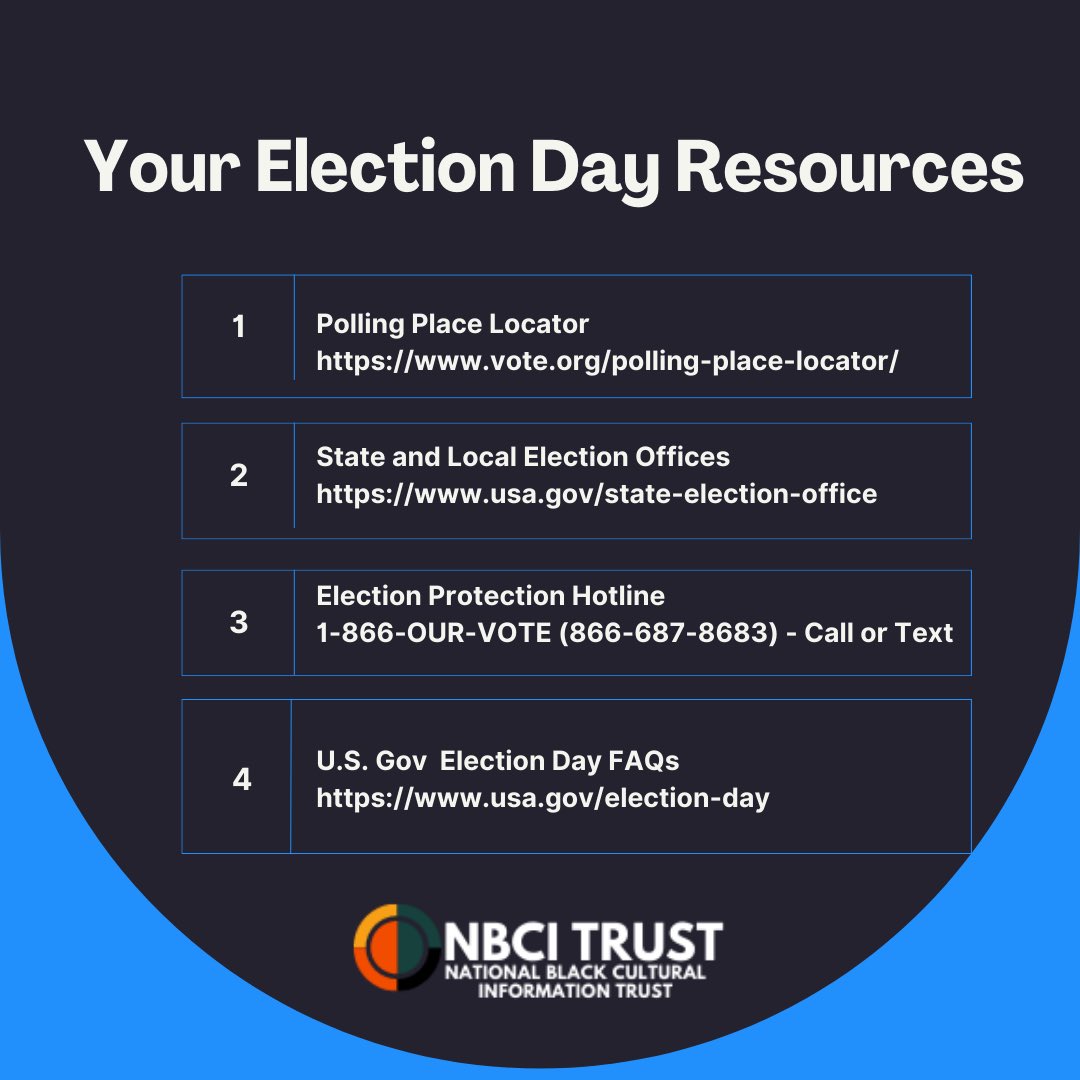 Your #ElectionDay  checklist and resources! 1. Know your polling place 2. Bring Identification 3. Plan for wait times 4. Know your rights - call the Election Protection Hotline 1-866-OUR-VOTE if you have issues. 5. Double check your ballot before submitting. #election2024