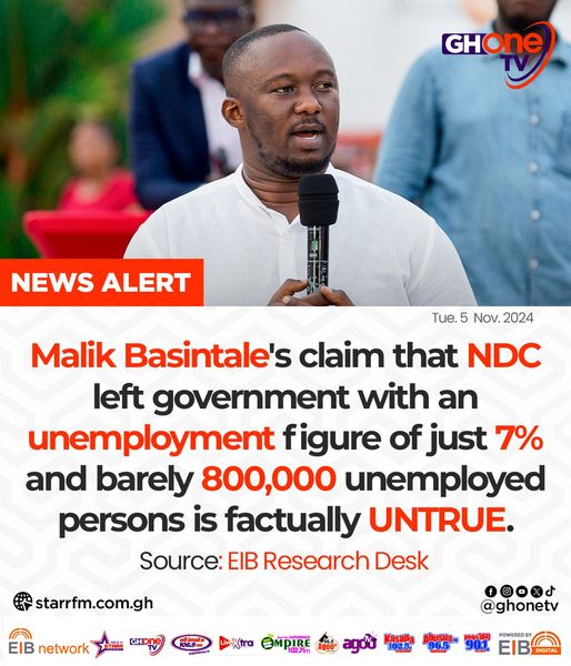 starr1035fm's tweet photo. #Factometer: Malik Basintale's claim that there were only 800,000 unemployed persons in Ghana when NDC left government is factually inaccurate. - EIB Research Desk
#StarrNews #EIBNetwork #NPP
#StarrFM #ElectionHub #NDC https://t.co/YvGRsOkd3e