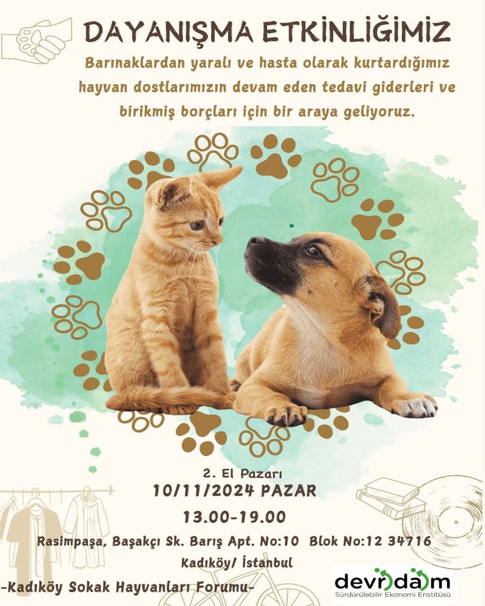 patilidirenis's tweet photo. Barınaklardan yaralı ve hasta olarak kurtardığımız hayvan dostlarımızın klinik borçları ve devam eden tedavi giderleri için
10 KASIM PAZAR,
13.00-19.00’da 2. el pazarında buluşalım😊
Kadıköy Sokak Hayvanları Forumu 🐾
📍Devridaim Enstitüsü
Rasimpaşa Mah. Başakçı Sk. No:10 Kadıköy https://t.co/ITPXwv0Hn2