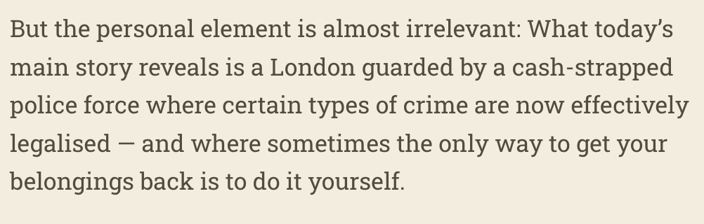 ArchieHall's tweet photo. Phenomenally good read on the realities of how lots of property crimes are now all-but-legal in London.

Pretty much every detail chimes with my own dog theft and DIY crime-solving experience a few months ago.

https://t.co/AeSPlrRB6v https://t.co/aqXuXKL1Is