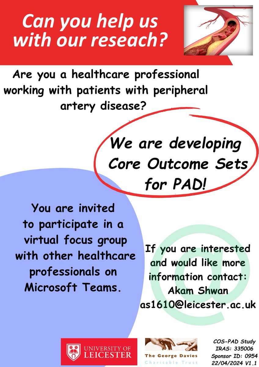 If you are a Healthcare professional working with patients with Peripheral Artery Disease, you can help us improving the research in PAD by participating in a focus group as part of developing Core Outcome Sets in PAD.