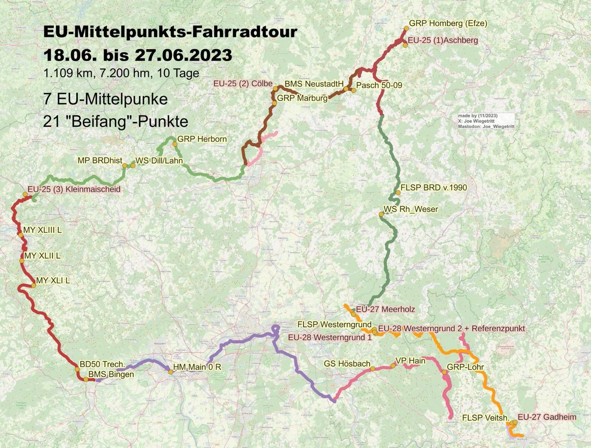 JWiegetritt's tweet image. Day 5: A Journey: Die EU-Mittelpunkt-Radtour 2023 mit 7 #EU 🇪🇺 #Flächenschwerpunkt|en, den aktuellen, 6 früheren und 21 weiteren interessanten Punkten und Plätzen als Karte für die #30DayMapChallenge. #Pylone #QGIS #Fahrrad #Radtour #EUFLSP