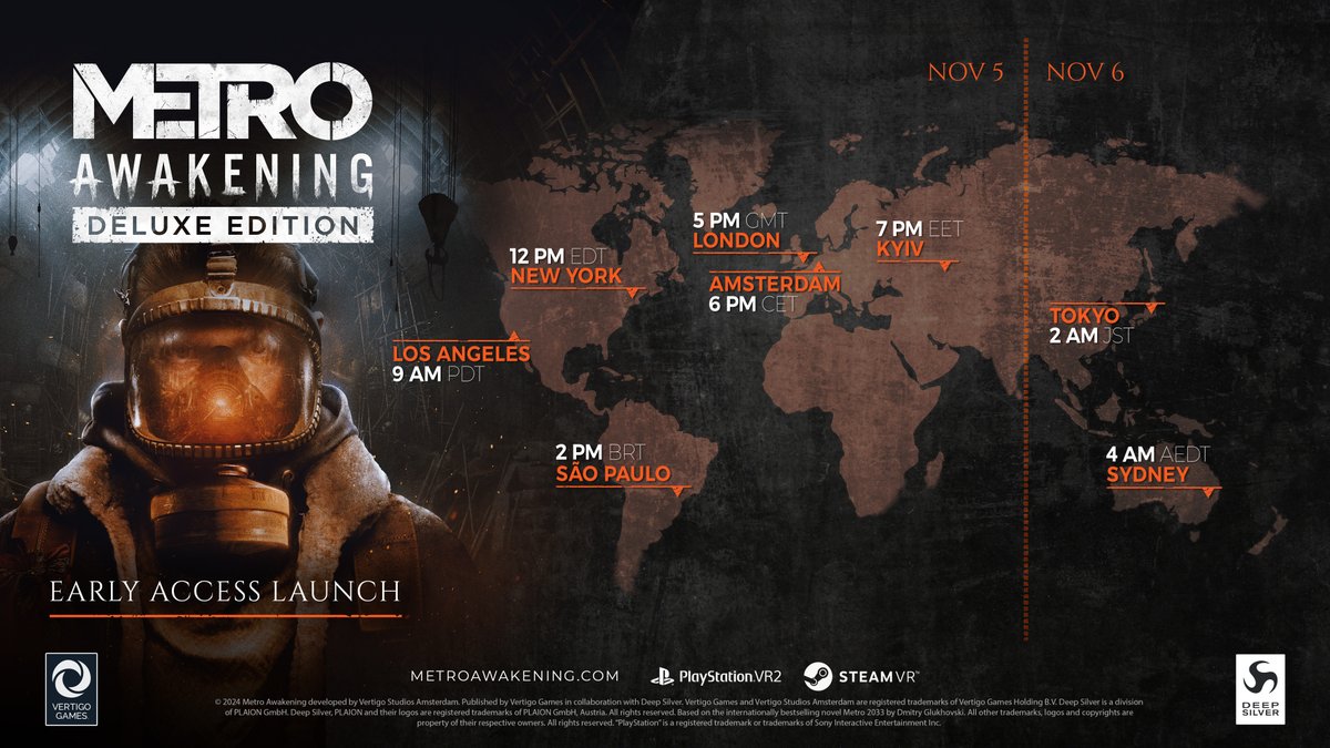 vertigogames's tweet image. The wait is almost over! Early access for #MetroAwakening Deluxe Edition on #PSVR2 and #SteamVR kicks off in a few hours ⏰👀 Wondering when you can start playing? Check the global early access launch times here ⬇️