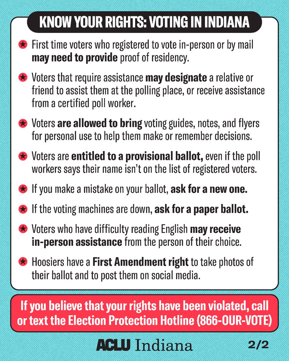 🚨 HOOSIER VOTERS: KNOW YOUR RIGHTS 🚨

If you run into problems or have questions while voting, call or text the Election Protection Hotline: 866-OUR-VOTE ☎️

Voting is a powerful tool for change — today is the day to use it. 🗳️

Find your polling place: IndianaVoters.com
