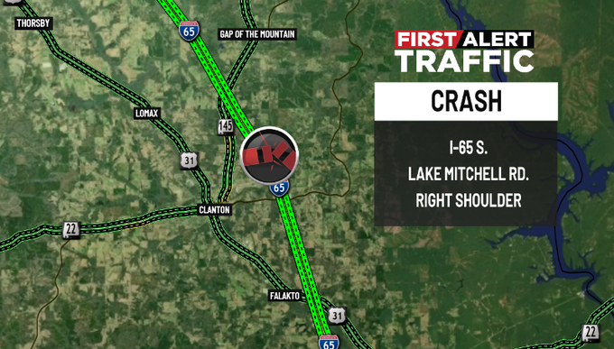 WBRCtraffic's tweet photo. First Alert:
There is a crash on I-65 S. at Lake Mitchell Rd. in #Clanton blocking the right shoulder. @WBRCnews #wbrctraffic https://t.co/cCmJyHGGlI