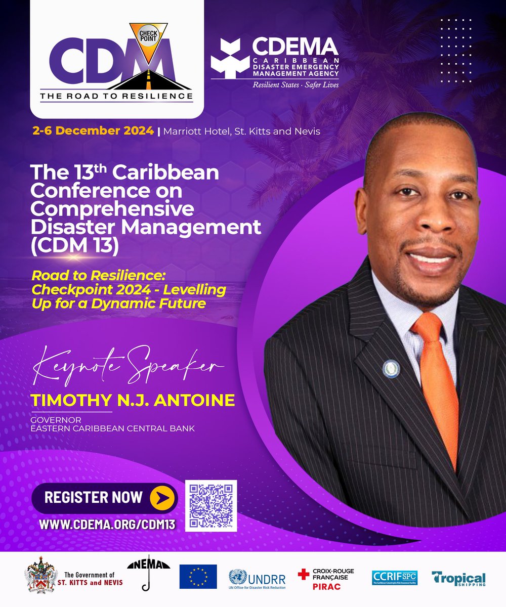 Thrilled to welcome Timothy N.J. Antoine, ECCB Governor, as the Closing Keynote Speaker for #CDM13! 🎤 Join us as he shares insights on "Navigating the Future: Financial Leadership &amp; Strategic Resilience in the Caribbean." 🌍💼 #DisasterManagement #CaribbeanLeadership