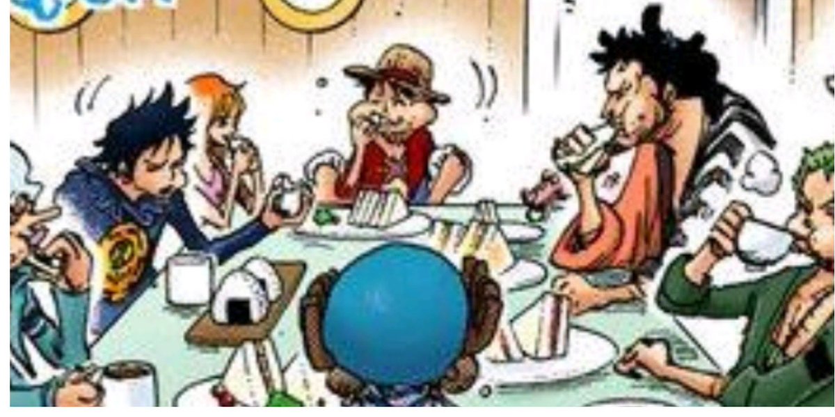 whirlysanji's tweet image. I love this panel, because if I remember correctly just a bit before this Law said he doesn't really like bread, so that means Sanji made him onigiri separately from the breakfast the others got