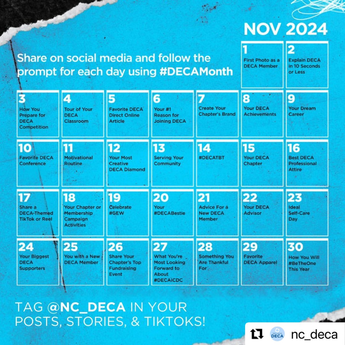 CTEforNC's tweet image. Are you ready??!

It’s November… which means it’s #DECAMonth! 🗓️ 

Here are some ideas for posting on social media this month. Tag us and @nc_deca 🎉🔹

📸: @nc_deca 

#CTEforNC