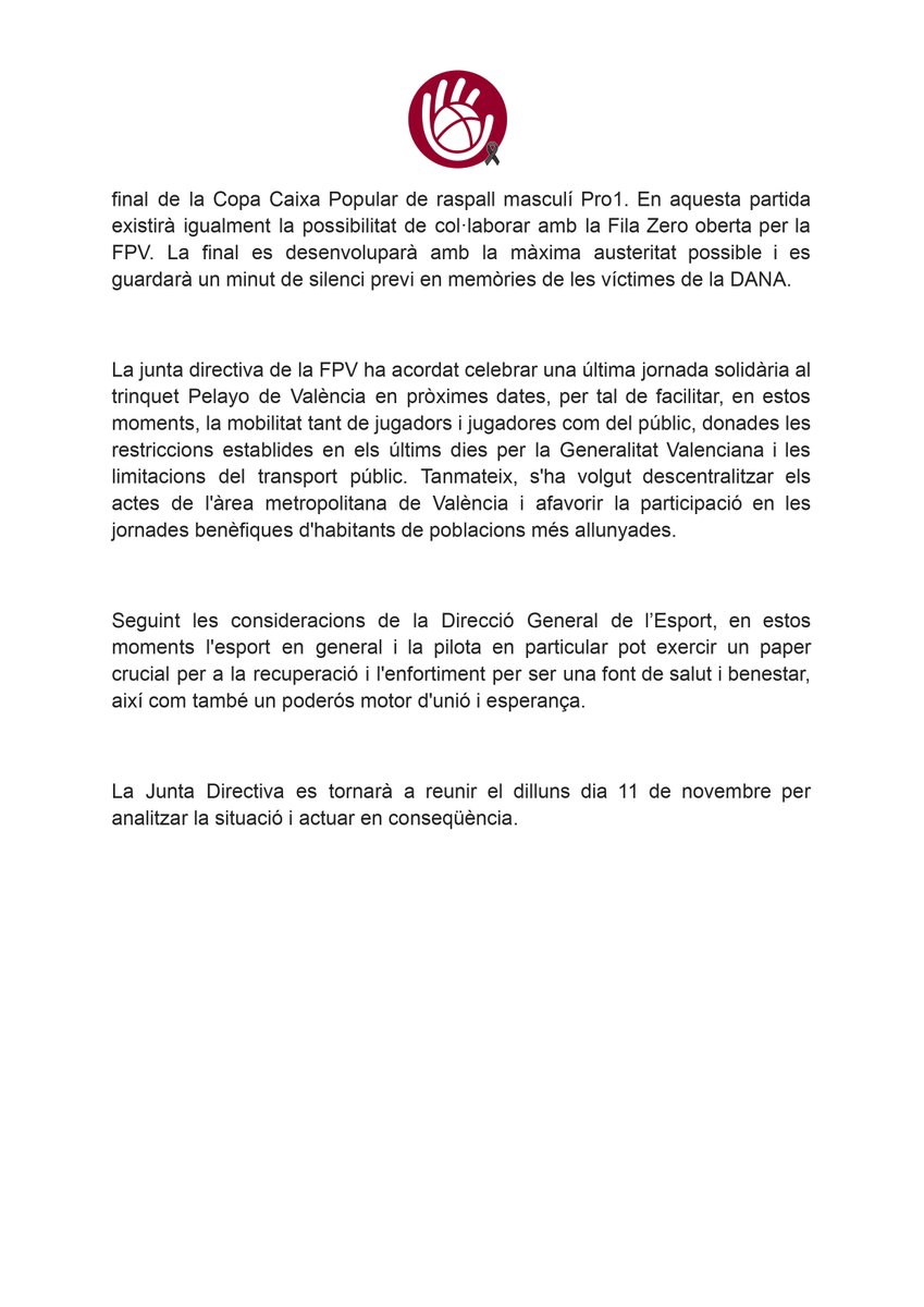 COMUNICAT - La FPV paralitza tota l’activitat i organitza un cap de setmana benèfic.

👉 fedpival.es/val/noticia/la…