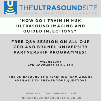 Questions regarding musculoskeletal ultrasound or guided injection training? Join us for our questions/answer session each month.

TOMORROW 6TH NOVEMBER 1PM (UK)  +  9PM (UK)

1pm Join via the link here us02web.zoom.us/meeting/regist… 

9pm Join via the link here us02web.zoom.us/meeting/regist…