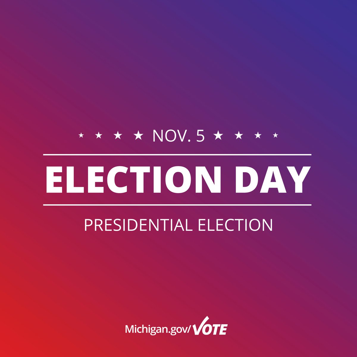 It is Election Day and polls are open from 7 a.m. to 8 p.m.

Find your polling place, view a sample ballot, and more at Michigan.gov/Vote