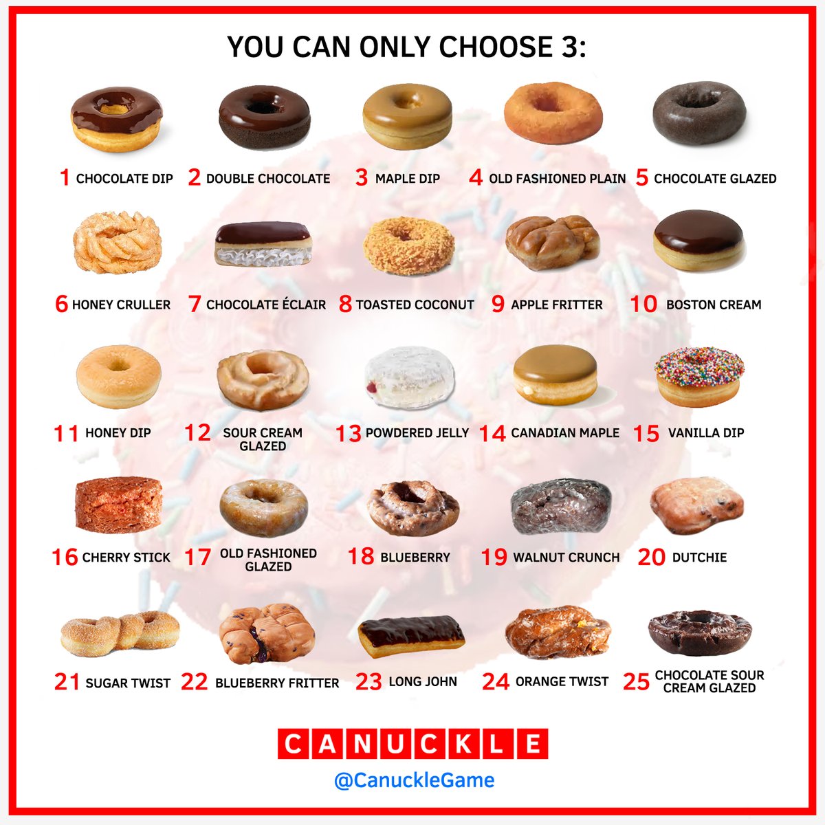 CanuckleGame's tweet image. It&apos;s National Donut Day...again! Which 3 are you choosing? 🇨🇦🍩🍁