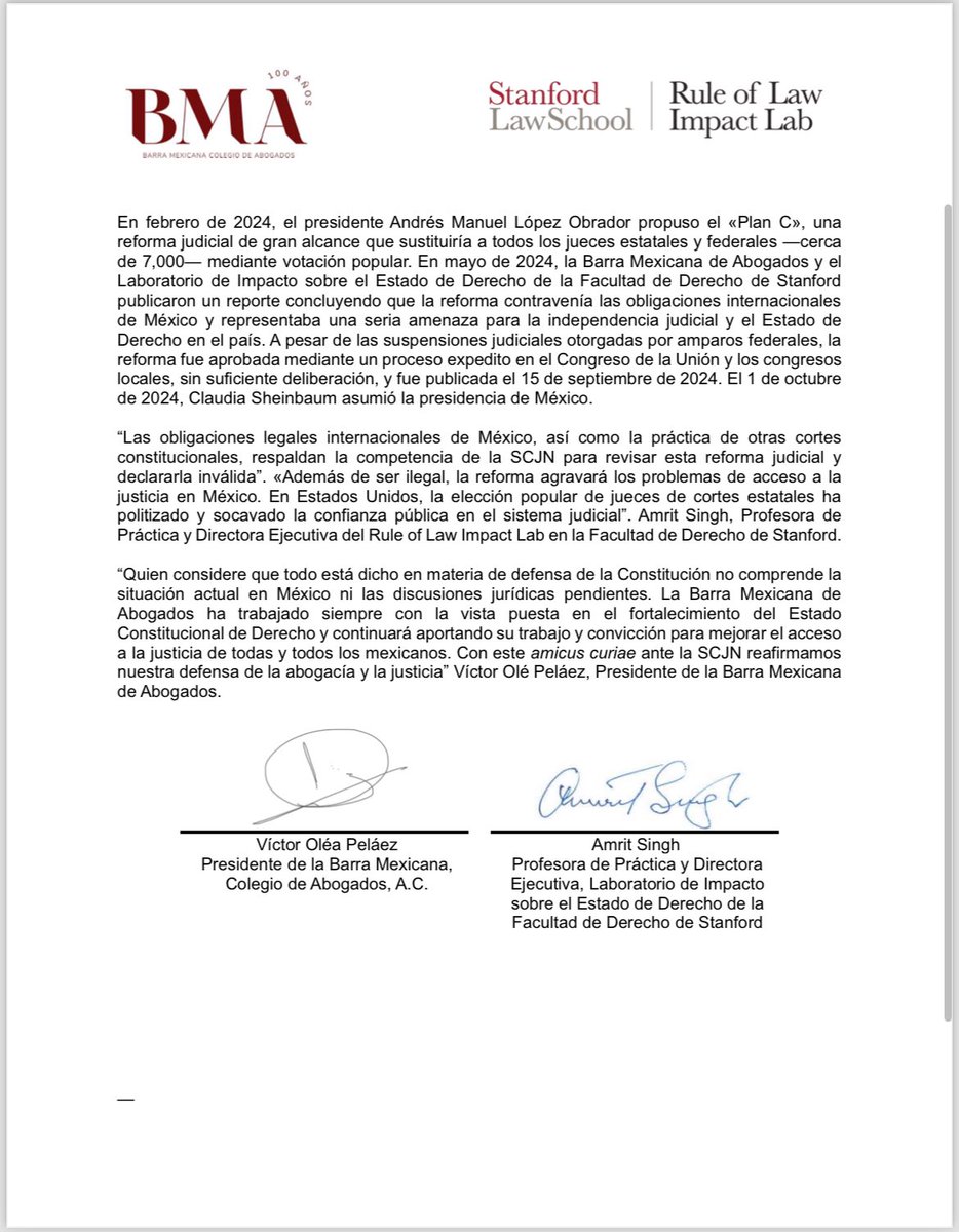 La <a href="/BMA_Abogados/">Barra Mexicana, Colegio de Abogados A.C.</a> y @SLSruleoflaw presentaron un amicus curiae ante la <a href="/SCJN/">Suprema Corte</a> dirigido a las acciones de inconstitucionalidad que impugnan la reforma constitucional en materia judicial.
Este amicus argumenta que la citada reforma transgrede las obligaciones internacionales de