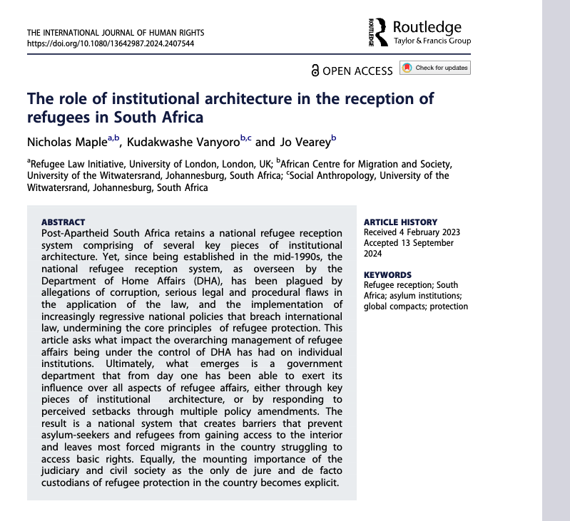 Nicholas Maple (@nicholasmaple1) on Twitter photo New #openaccess article out:
"The role of institutional architecture in the reception of refugees in South Africa"
with the excellent <a href="/KudaVan/">Dr Kudakwashe Vanyoro</a> and <a href="/jovearey/">Prof. Jo Vearey</a>
In the International Journal of Human Rights
tandfonline.com/doi/full/10.10… New #openaccess article out:
"The role of institutional architecture in the reception of refugees in South Africa"
with the excellent <a href="/KudaVan/">Dr Kudakwashe Vanyoro</a> and <a href="/jovearey/">Prof. Jo Vearey</a>
In the International Journal of Human Rights
tandfonline.com/doi/full/10.10…