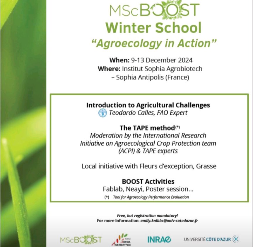 Biocontrol Solutions for Plant Health - BOOST MSc (@ucaboostmsc) on Twitter photo 🍀 BOOST Winter School 🍀
The 2024 edition is dedicated to the <a href="/FAO/">Food and Agriculture Organization</a> and the #TAPEmethod, with workshops to get to know the method using a local example developed in collaboration with experts & the BOOST students.
See the website 👇
univ-cotedazur.eu/msc/msc-boost/… 🍀 BOOST Winter School 🍀
The 2024 edition is dedicated to the <a href="/FAO/">Food and Agriculture Organization</a> and the #TAPEmethod, with workshops to get to know the method using a local example developed in collaboration with experts & the BOOST students.
See the website 👇
univ-cotedazur.eu/msc/msc-boost/…