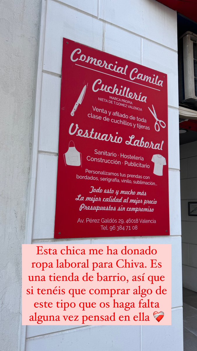 nh487's tweet photo. Esta chica me ha donado ropa laboral para Chiva. Es una tienda de barrio, así que si tenéis que comprar algo de este tipo que os haga falta alguna vez pensad en ella ❤️‍🩹 https://t.co/1MvsbhXAxL