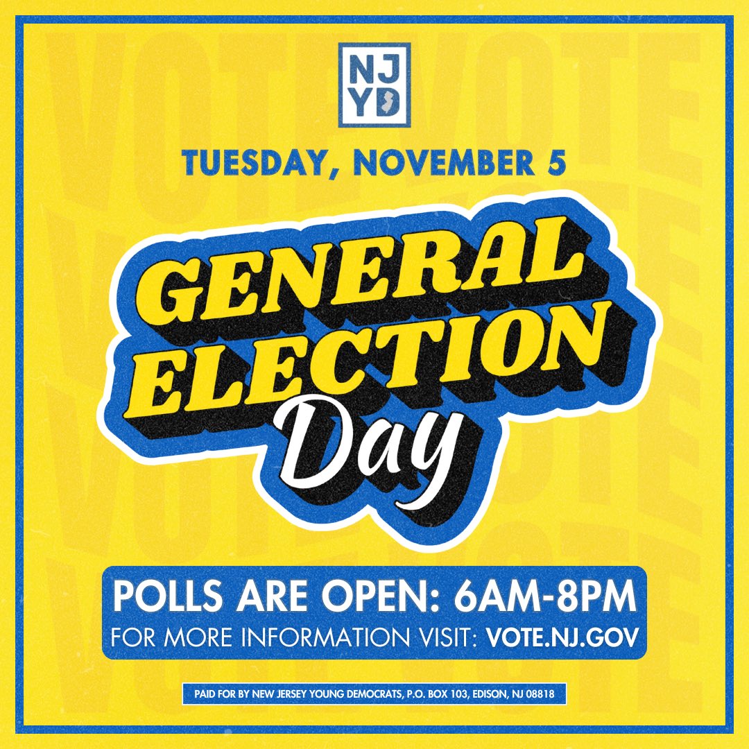 NJYoungDems's tweet photo. Today is Election Day!

The polls are open from 6:00 AM to 8:00 PM! This is your last chance to make your voice heard &amp; shape the future of our community &amp; state! Head to your polling place &amp; cast your vote.

For more information on voting locations, visit https://t.co/lkfTSIcY6T https://t.co/ij6Qfgx8rg