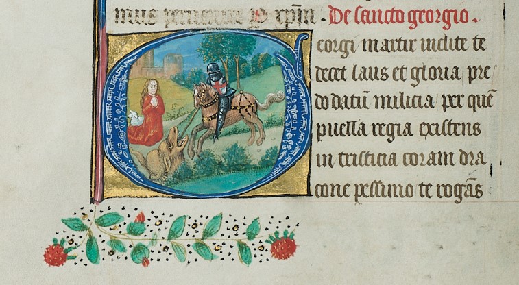 This historiated initial from SJC MS 82 is just beautiful 😍 It depicts St George slaying the dragon in exquisite detail 🐉⚔️
