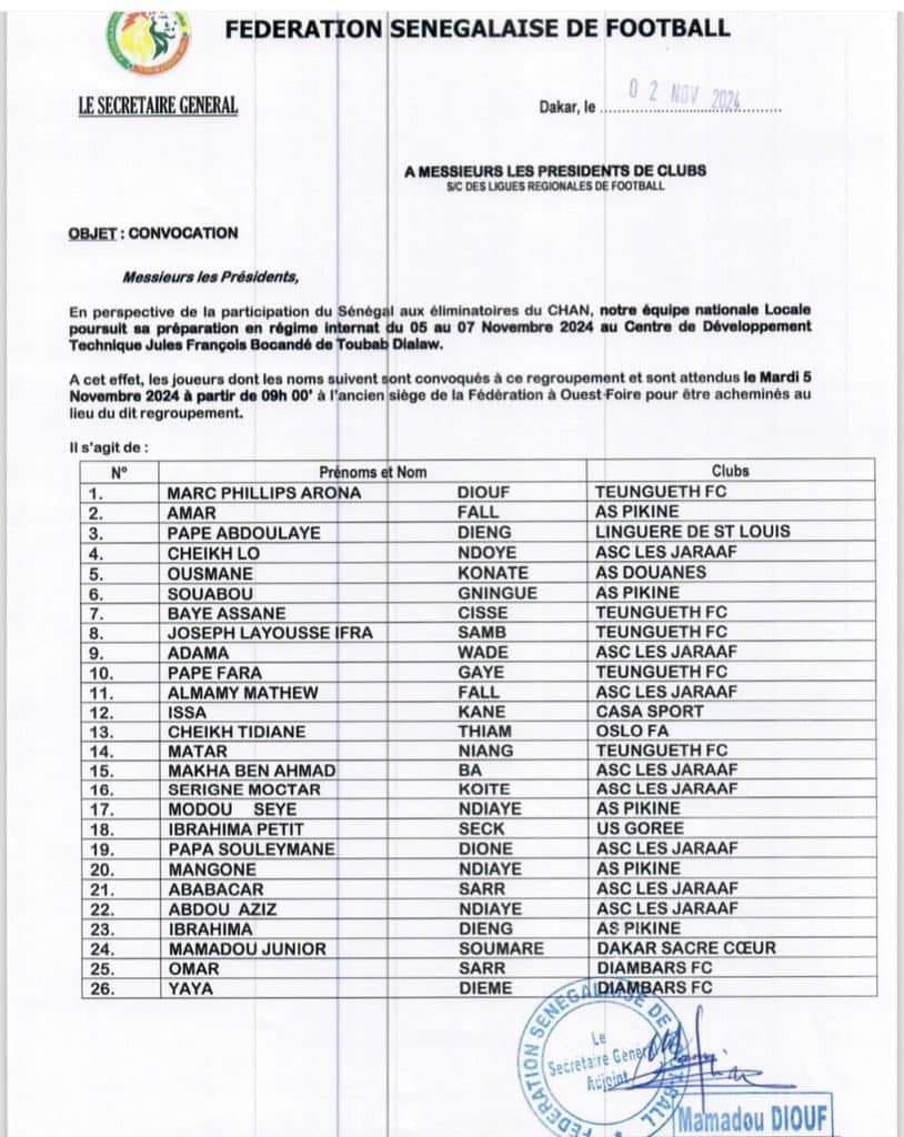 Lesportifs_'s tweet image. Les joueurs convoqués par le Coach Souleymane Diallo dans le cadre de la préparation des Eliminatoires du CHAN.
#FootLocalSN
