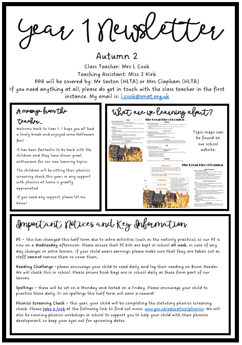 MrsCookYear1's tweet photo. Please find a copy of the class newsletter that was sent home yesterday. This has information about our PE day, our spellings, reading on Boom Reader and our homework tasks for this half term. It also has my email address on it in case you need it. Any questions, just ask! 🥰 https://t.co/PRksOGI2pO