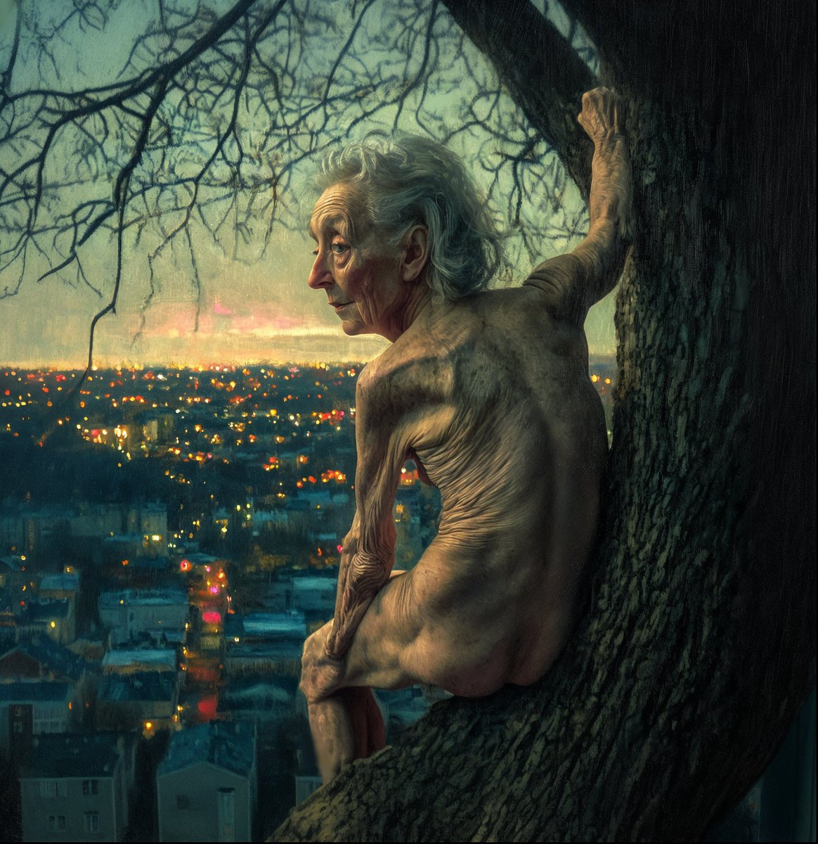 #TEZOSTUESDAY !!

"The vigil of time"
15/15
5 tez

When I imagine myself as this figure, nestled in the embrace of an ancient tree, I feel an unexpected calm settle over me. I watch the city lights blink to life, one by one, below. There’s a quietness here that holds me, a