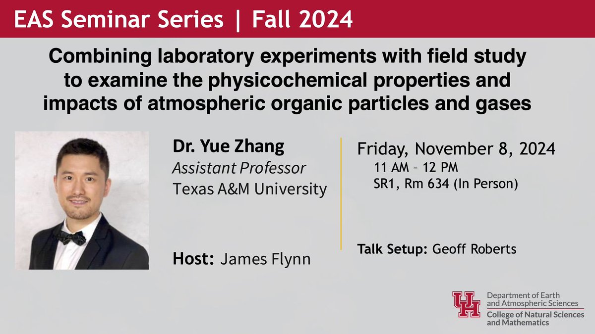 Please join our seminar this Friday with Dr. Yue Zhang on his presentation entitled “Combining laboratory experiments with field study to examine the physicochemical properties and impacts of atmospheric organic particles and gases”