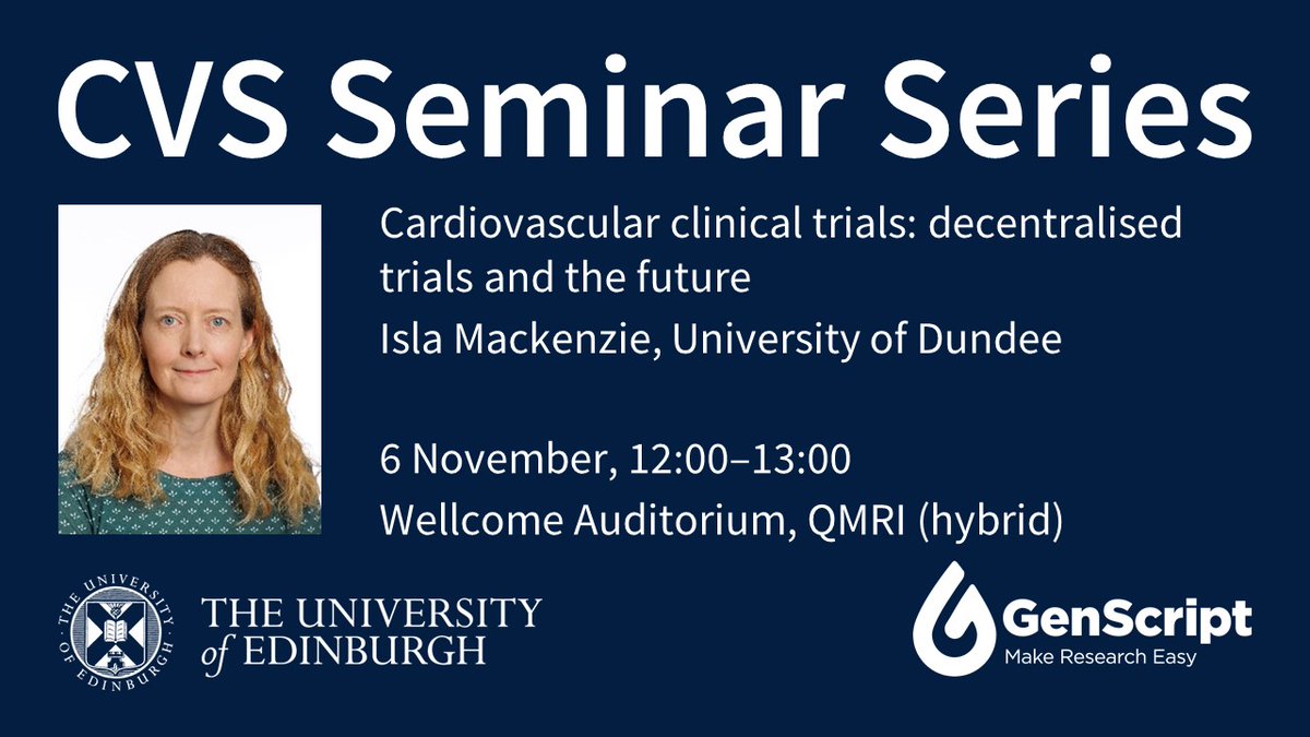 Join us for this week’s CVS Seminar, where Isla Mackenzie <a href="/dundeeuni/">University of Dundee</a> will discuss the future of cardiovascular clinical trials!
🗓️ 6 November, 12:00–13:00
Wellcome Auditorium, QMRI <a href="/EdinburghBQ/">Edinburgh BioQuarter</a>
Join on Teams ➡️ edin.ac/40mXCsY