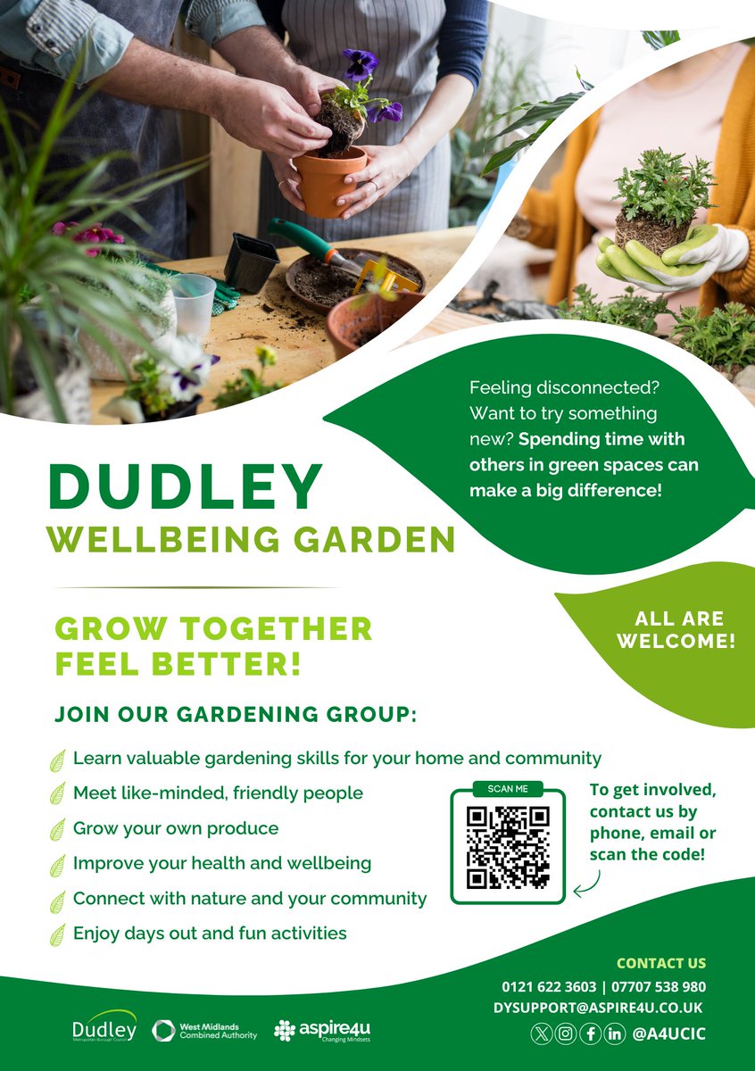 Connected Communities Dudley (@connecteddudley) on Twitter photo Why not join <a href="/A4UCIC/">Aspire4u CIC</a> and their wellbeing gardening group? You can grow your own produce, connect with like-minded people in your community and learn valuable skills for both your home and your community.
For more information, see the poster below. Why not join <a href="/A4UCIC/">Aspire4u CIC</a> and their wellbeing gardening group? You can grow your own produce, connect with like-minded people in your community and learn valuable skills for both your home and your community.
For more information, see the poster below.