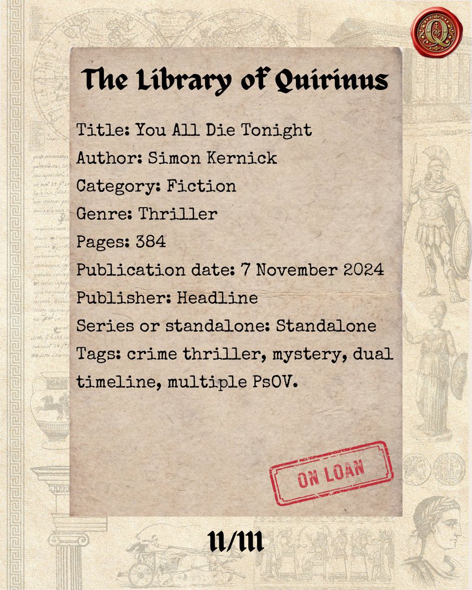 QuirinusReads's tweet image. My current read is You All Die Tonight by @simonkernick which publishes on Thursday. It’s my first book from this author but definitely won’t be my last! My thanks to @joe_thomas25 and @headlinepg for my proof copy. Review coming soon… #BookTwitter