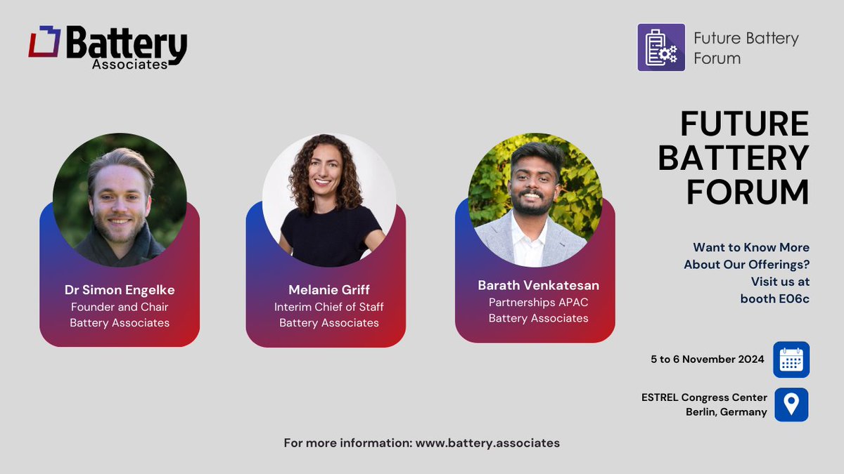 We are delighted to partner with Future Battery Forum on Nov 5-6 in Berlin!

It aims to bring together decision-makers from the entire value system of battery technologies.

Join our team at Booth E06c!

Register futurebattery.eu/tickets with ‘FBF24PREMIUM’ for 30% off!