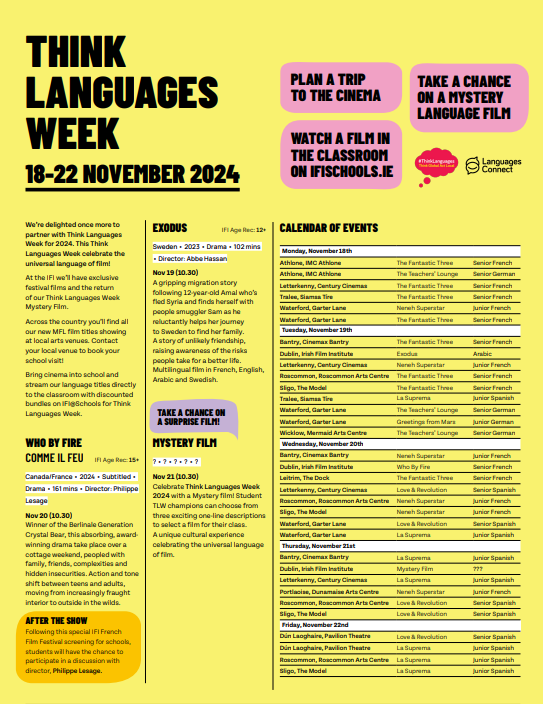 IFI Schools (@ifi_schools) on Twitter photo Planning for #ThinkLanguages Week!?
At the <a href="/IFI_Dub/">Irish Film Institute</a>:
Exodus ๐ซ๐ท๐ฌ๐ง๐ธ๐ฆ๐ธ๐ช
Who By Fire (with visiting Director) ๐ซ๐ท
Mystery Film โ๏ธ
๐ 34 Regional screenings taking place across the country ๐บ๏ธ
๐ปDiscounted bundle on IFI@Schools to watch films in classroom. Planning for #ThinkLanguages Week!?
At the <a href="/IFI_Dub/">Irish Film Institute</a>:
Exodus ๐ซ๐ท๐ฌ๐ง๐ธ๐ฆ๐ธ๐ช
Who By Fire (with visiting Director) ๐ซ๐ท
Mystery Film โ๏ธ
๐ 34 Regional screenings taking place across the country ๐บ๏ธ
๐ปDiscounted bundle on IFI@Schools to watch films in classroom.