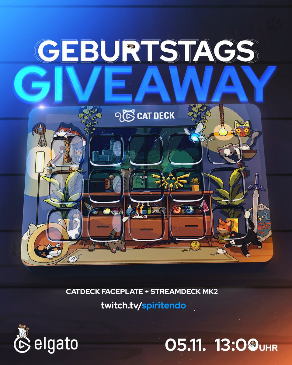 AlexHmpf's tweet image. 🎉Geburtstags Stream🎉

Gewinne ein STREAMDECK MK2 + CatDeck Faceplate!

Teilnahmebedingung: 
✅ folgt @elgatoDE &amp;amp; @AlexHmpf 
🔁 Retweet
🎫 Im Stream per Kanalpunkte ein Ticket einlösen

⚠️Auflösung gegen 18 Uhr!
(Anwesenheitspflicht)

#Ad #ElgatoPartner
twitch.tv/Spiritendo