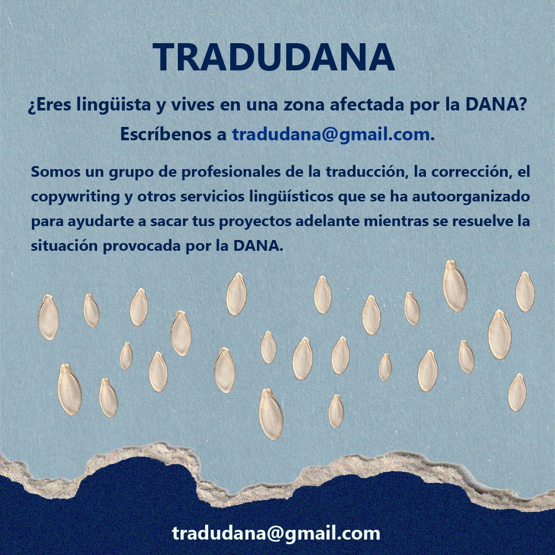 lenasteez's tweet photo. ¿Eres traductor, corrector, copywriter... y quieres apoyar a colegas afectados por la #DANA?

TRADUDANA es una red de profesionales hecha para brindar apoyo a las personas afectadas. Si puedes colaborar, se están buscando a más profesionales.

Escribe a tradudana@gmail.com https://t.co/DHK9Nrqvs0