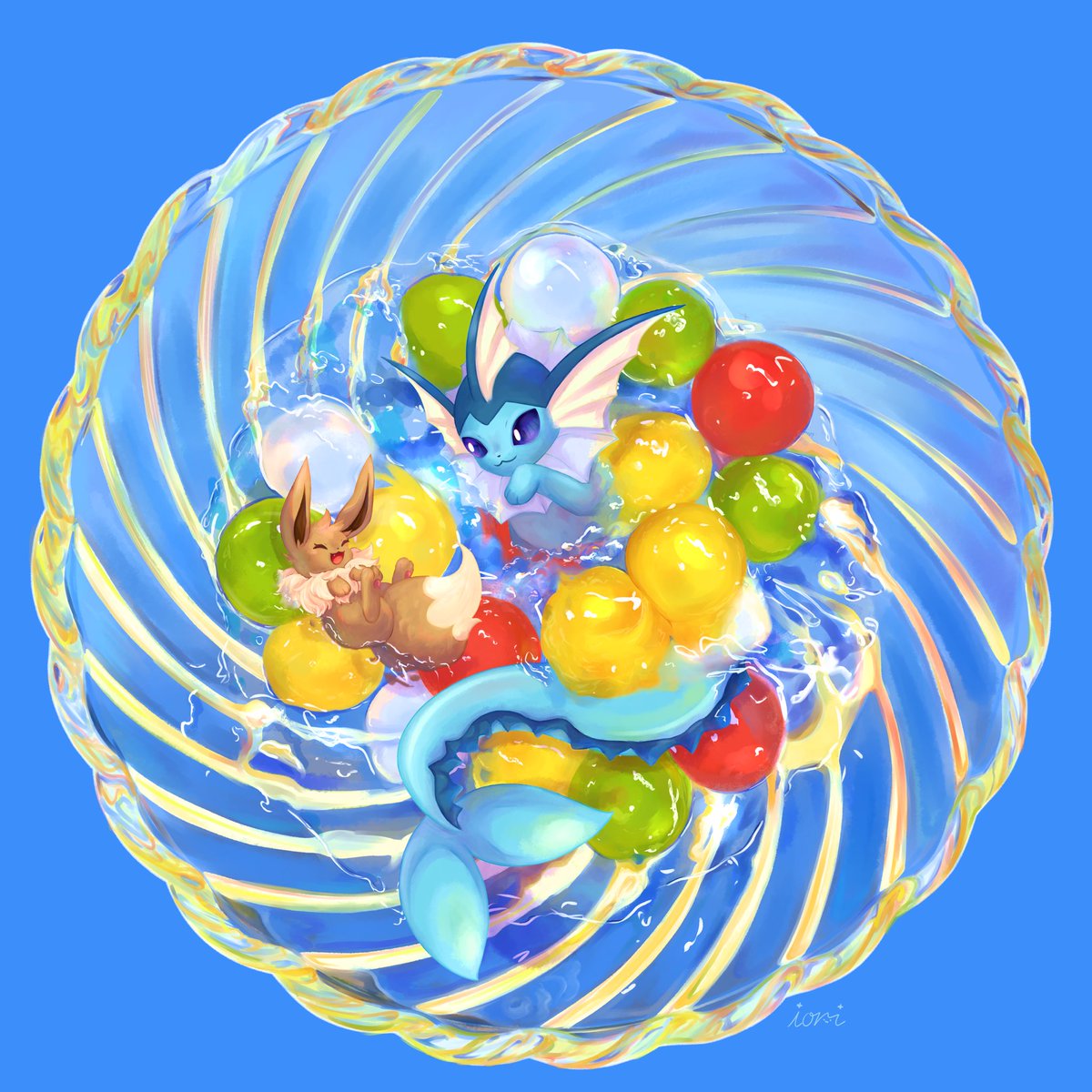 キラキラゼリープール✨
#イーブイ #シャワーズ #ポケモンイラスト