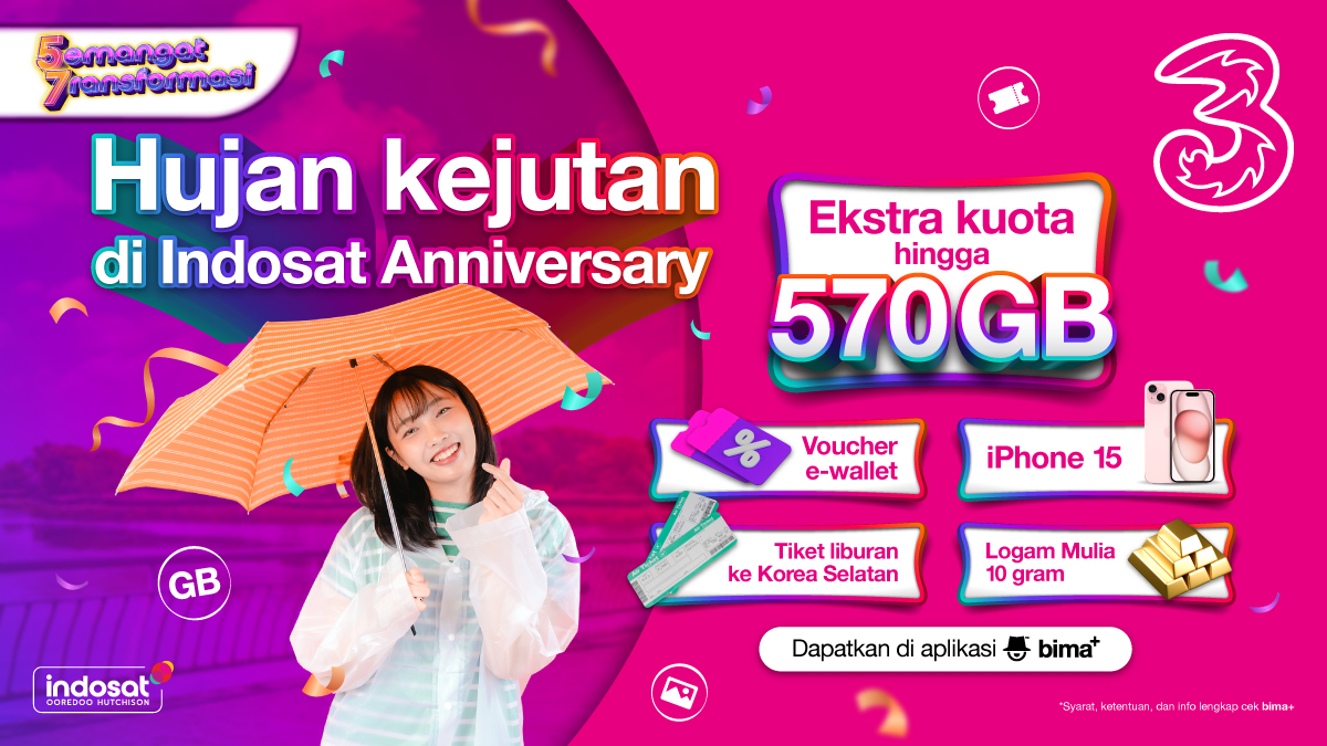 Maju sini yang mau ekstra kuota hingga 570GB!

Kamu juga bisa dapetin voucher e-wallet, iPhone 15 dan logam mulia 10 gram lho!

Klik bima-3.co/deals dan ikuti challenge atau beli paketnya buat dapetin hadiahnya.

#IniWaktunyaKita