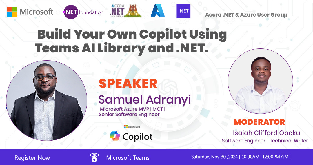 AccraDotnet's tweet image. Mark your calendars for Nov 30! Discover how AI can boost your productivity in our upcoming event: Build Your Own Copilot with Teams AI Library and .NET with Microsoft MVP Samuel Adranyi.

RSVP: tinyurl.com/yckknvr5

#AI #DotNet #AccraDotNet #Azure